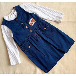 Vintage 90s Piano Kids Fashion Jumper Dress & Shirt Set Girls 8 Denim Floral